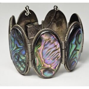 Sterling Silver Bracelet Vintage Abalone Panel Hencho‎ En Mexico Handmade 7.5"